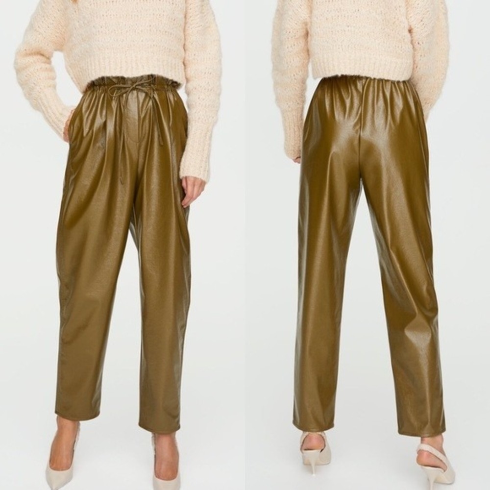 Aritzia Wilfred Jive Faux Leather Paperbag Waist Trouser Pants Size XS Green